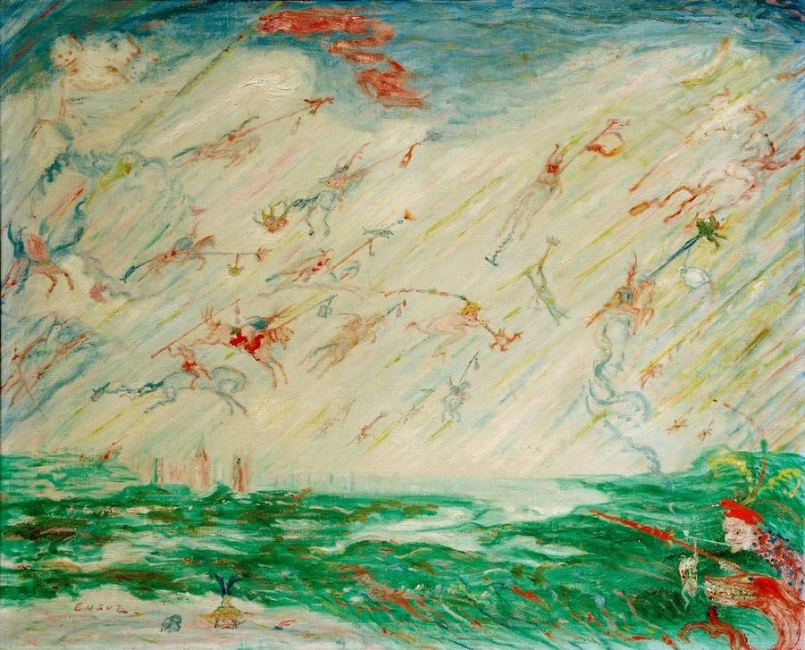 James Ensor, Der Walkürenritt (Sage,Komponist,Kunst,Landschaft,Musik,Mythologie,Oper,Theater,Symbolismus,Phantastische Kunst,Belgische Kunst,Reiten,Germanisch (Mythologie),Person,Les Xx,Signatur)