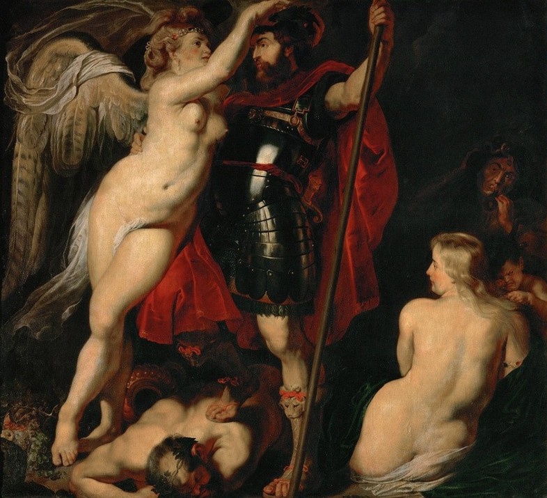 Peter Paul Rubens, Der Tugendheld (Mars), von der Siegesgöttin bekrönt (Griechische Kunst,Krieg,Liebe,Mythologie,Römisch,Barock,Allegorie,Sieg (Erfolg),Tugend,Satyr,Niederländische Kunst,Götter,Tugendheld,Göttin,Kriegsgott,Gefühl (Stimmung),Erregung,Griechisch-Römische Mythologie)