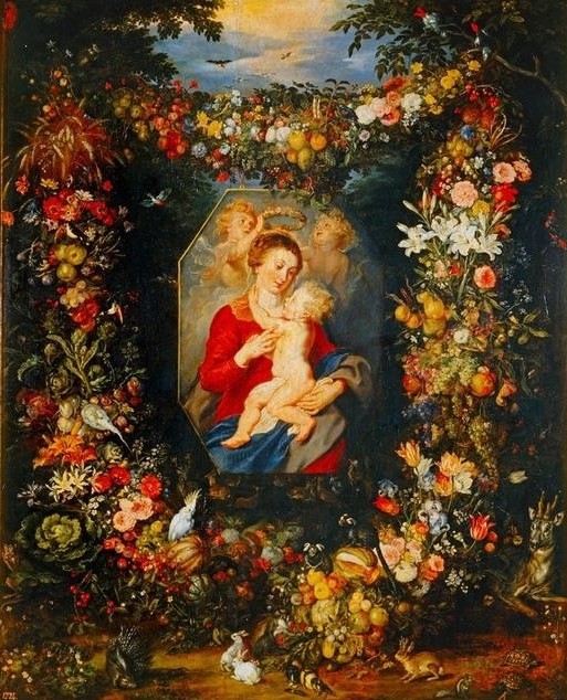 Peter Paul Rubens, Mary Virgin and Child with wreath of flowers and fruits (Christentum,Infant,Religion,Maria Mit Kind,Ritual)