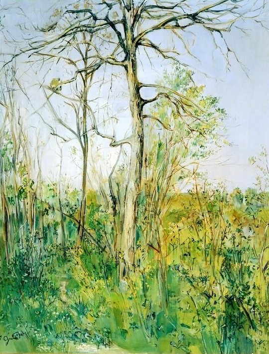 Francis Gruber, Paysage – Landscape (Landschaft, Bäume, Frühling, Frische, Expressionismus, klassische Moderne, Wunschgröße, Treppenhaus, Arztpraxis, leuchtend grün/gelb)