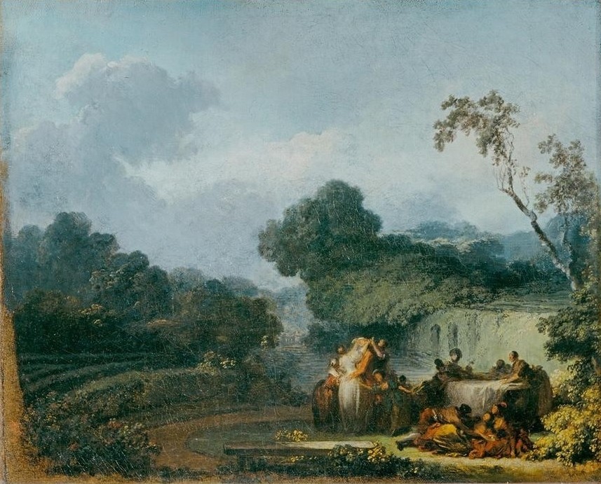 Jean-Honoré Fragonard, Blind man’s buff (Landschaft, Garten, Park, Spiel, Blinde Kuh, Aristrokratie, Treppenhaus, Wohnzimmer, Rokoko, Malerei, Klassiker, Wunschgröße, bunt)