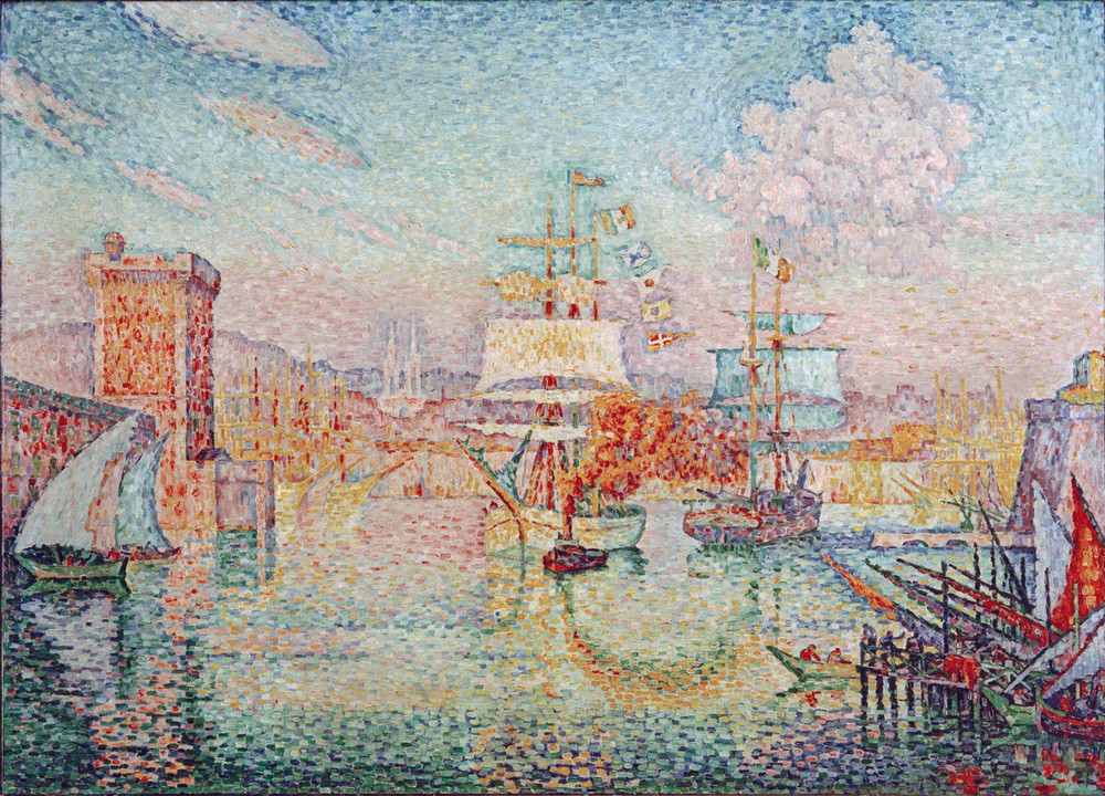 Paul Signac, Entrée du port de Marseille (Geographie,Hafen,Schiff,Segelschiff,Pointillismus,Architekturdarstellung,Französische Kunst,Topographie,Schifffahrt)