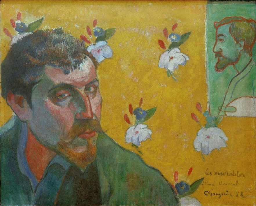 Paul Gauguin, Selbstbildnis mit dem Porträt Bernards, Vincent van Gogh ge (Künstler,Kunst,Maler (Künstler),Mann,Tapete,Bart,Selbstbildnis,Portrait,Französische Kunst,Zwirbelbart,Brustbild,Gemustert,Schule Von Pont-Aven,Person)