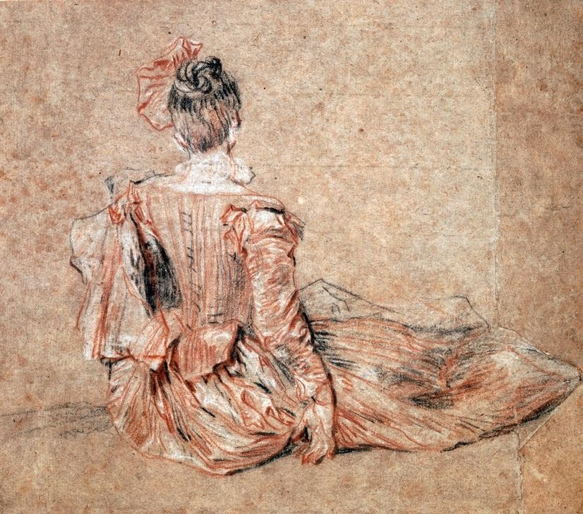 Jean-Antoine Watteau, Seated woman viewed from the back (Zeichnung, Klassiker,  Rückenansicht, sitzende Frau, Mode, Rokoko, Wohnzimmer, Schlafzimmer, Klassiker,  Wunschgröße)