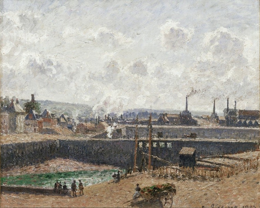Camille Pissarro, Dieppe, bassin Duquesne (marée basse, soleil, matin) (Industrie,Seebad,Tageszeiten,Morgen,Impressionismus,Stadtansicht,Schule Von Barbizon,Französische Kunst,Rauch,Ebbe,Jahrhundertwende)