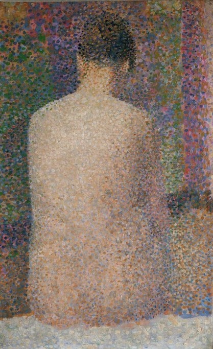Georges Seurat, Poseuse assise, vue de dos (junge Frau, Mädchen, Modell, Rückenakt, Sitzende,  Klassische Moderne, Pointillismus, Wunschgröße, Wohnzimmer, Malerei, bunt)