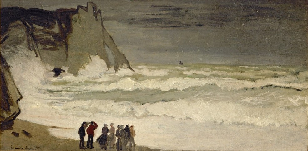 Claude Monet, Grosse mer à Étretat (Gewitter,Küste,Landschaft,Meteorologie,Regen,Strand,Wetter,Meer,Impressionismus,See,Brandung,Felsen,Seenot,Französische Kunst,Donner,Sturmflut,Sturm,Dunkelheit)