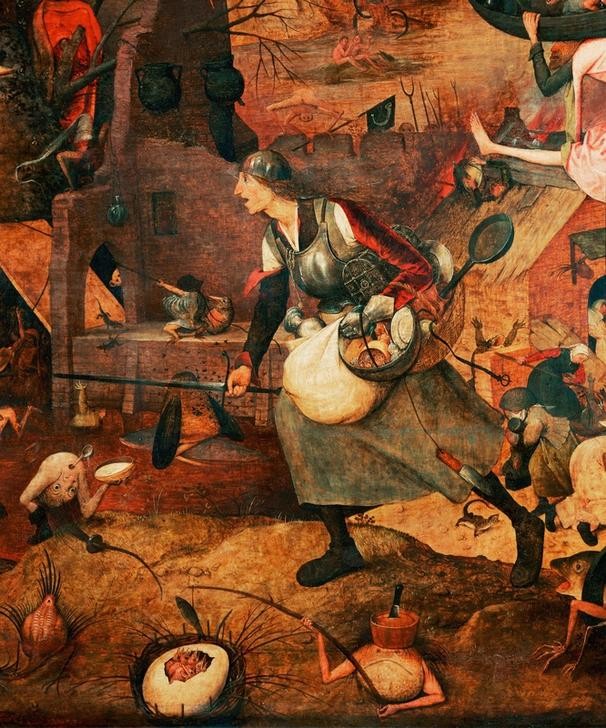 Pieter Brueghel der Ältere, Dulle Griet (Emanzipation,Feuer,Frau,Krieg,Zerstörung,Renaissance,Allegorie,Dämon,Frau Beim Militär,Paranoia,Plünderung,Groteske,Phantastische Kunst,Apokalypse,Niederländische Kunst,Verkehrte Welt,Kleidung (Allgemein),Tier,Ausschnitt,Vier Elemente)