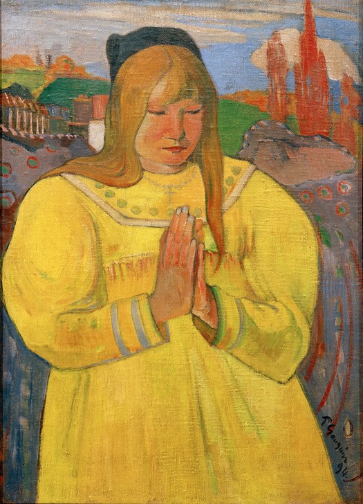 Paul Gauguin, Jeune Chrétienne (Christentum,Gebet,Kind,Mädchen,Religion,Volkskunde,Französische Kunst,Kleid,Frömmigkeit,Händefalten,Synthetismus,Gelb)
