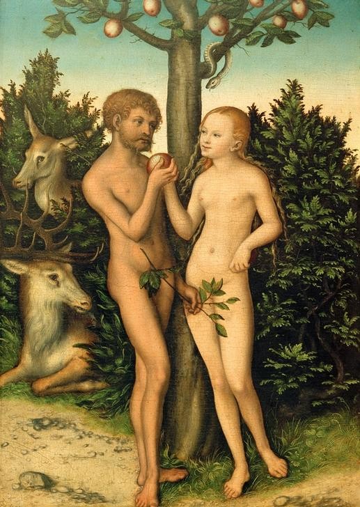 Lucas Cranach der Ältere, Adam und Eva (Adam und Eva, Paradies, Garten Eden, Schlange, Verführung, Apfel, Sündenfall, Baum der Erkenntnis, Klassiker, Renaissance, Wunschgröße, Wohnzimmer)