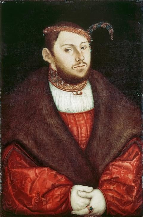 Lucas Cranach der Ältere, Bildnis Johann Friedrichs des Großmütigen als Bräutigam (Adeliger, Eleganz, Mode, Feder, Pelzkragen, Bildnis, Mann, Gesellschaft, Persönlichkeiten, Menschen, Portrait, Klassiker, Renaissance, Wunschgröße, Wohnzimmer)