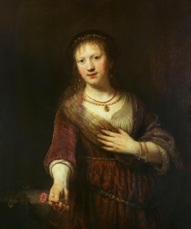 Rembrandt Harmenszoon van Rijn, Saskia mit der roten Blume (Frau,Kette (Schmuck),Maler (Künstler),Barock,Portrait,Künstlerfrau,Niederländische Kunst,Holländische Kunst,Blume,Halbfigur,Person)
