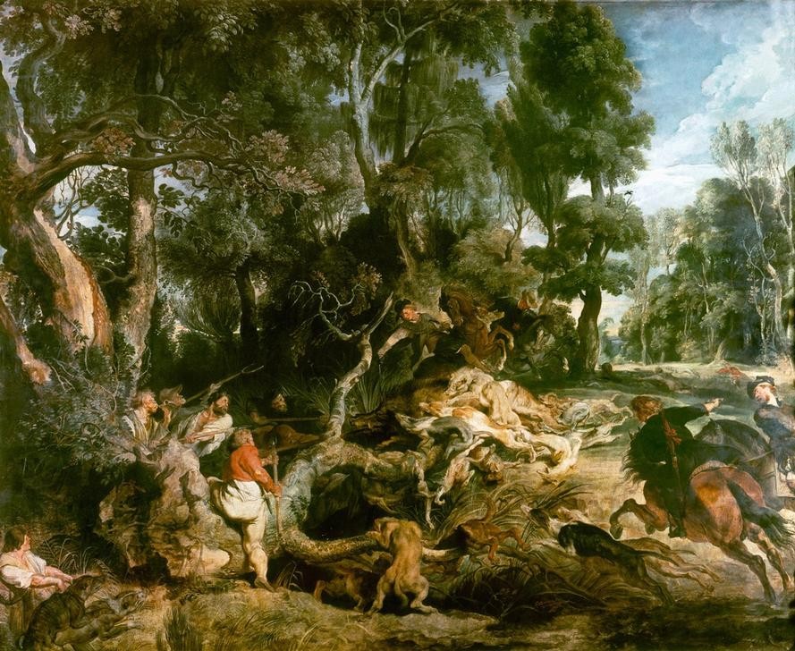 Peter Paul Rubens, Die Wildschweinjagd (Flämische Kunst,Jäger,Jagd,Künstlerleben,Landschaft,Tierarten,Wildschwein,Reiter,Barock,Selbstbildnis,Niederländische Kunst,Wildschweinjagd,Schwarzwild)