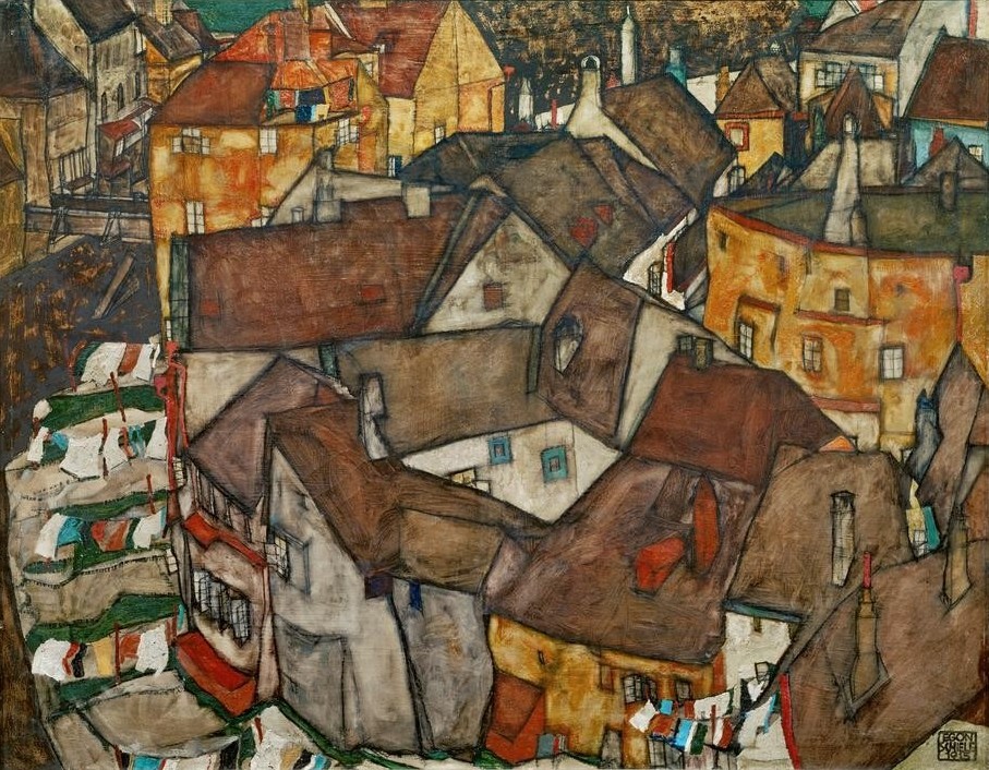 Egon Schiele, Ein Dorf (Architektur,Dach,Deutsche Kunst,Dorf,Jugendstil,Kleinstadt,Expressionismus,Österreichische Kunst,Balken)