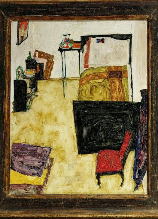 Egon Schiele, Das Zimmer des Künstlers in Neulengbach (Atelier,Bett,Deutsche Kunst,Jugendstil,Künstlerleben,Maler (Künstler),Möbel,Wohnung,Zimmermann,Wohnhaus Von Berühmten,Expressionismus,Künstlerhaus (Wohnhaus),Österreichische Kunst,Sessel,Stuhl,Einzimmerwohnung,Tischler,Gewerbe)