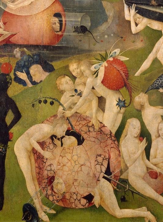 Hieronymus Bosch, Der Garten der Lüste (Frau,Laster,Liebespaar,Mann,Religion,Akt,Kuss,Fabelwesen,Triptychon,Phantastische Kunst,Sünde,Niederländische Kunst,Erotische Kunst,Sexualität,Luxuria,Todsünde,Sexualsymbol,Wollust,Adamiten,Esoterik,Mitteltafel,Freie Liebe,Morallehre,Symbolik,Ausschnitt)