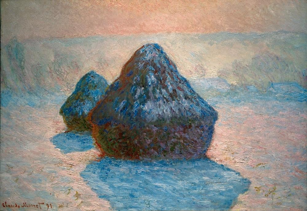 Claude Monet, Heuschober, Effekt bei Raureif (Ernte,Landschaft,Impressionismus,Heu,Französische Kunst,Heuschober,Raureif,Landwirtschaft)