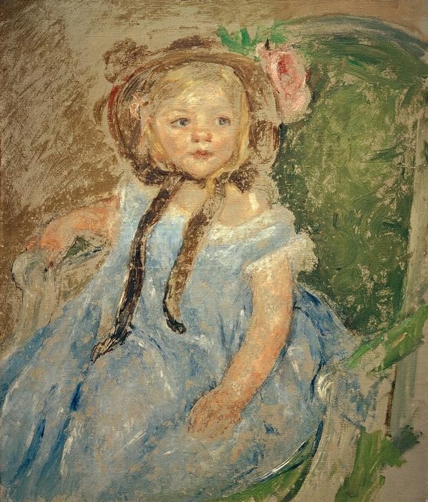 Mary Cassatt, Sara in a Dark Bonnet with Right Hand on Arm of Chair (Kindermode,Kind,Mädchen,Mensch,Mode,Impressionismus,Hut,Kleinkind,Frauenkunst,Portrait,Haube,Amerikanische Kunst,Kleid,Us-Amerikanische Kunst,Blau,Sitzen,Jahrhundertwende)