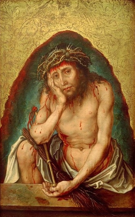 Albrecht Dürer, Christus als Schmerzensmann (Blut,Christentum,Deutsche Kunst,Eule,Kunst,Rast,Reisig,Religion,Vogel,Wolke,Gotik,Renaissance,Neues Testament,Bibel,Melancholie,Schmerzensmann,Glorie,Goldgrund,Andachtsbild,Geissel,Passion Christi,Meditation,Dornenkrone,Rute (Zweig),Gedanken,Sitzen,Gefühl)
