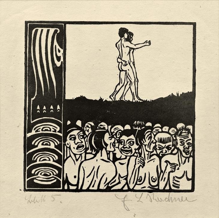Ernst Ludwig Kirchner, Vor den Menschen (Deutsche Kunst,Frau,Kunst,Liebespaar,Mann,Mensch,Tanz,Akt,Expressionismus,Die Brücke,Publikum,Zuschauer,Tanzpaar)