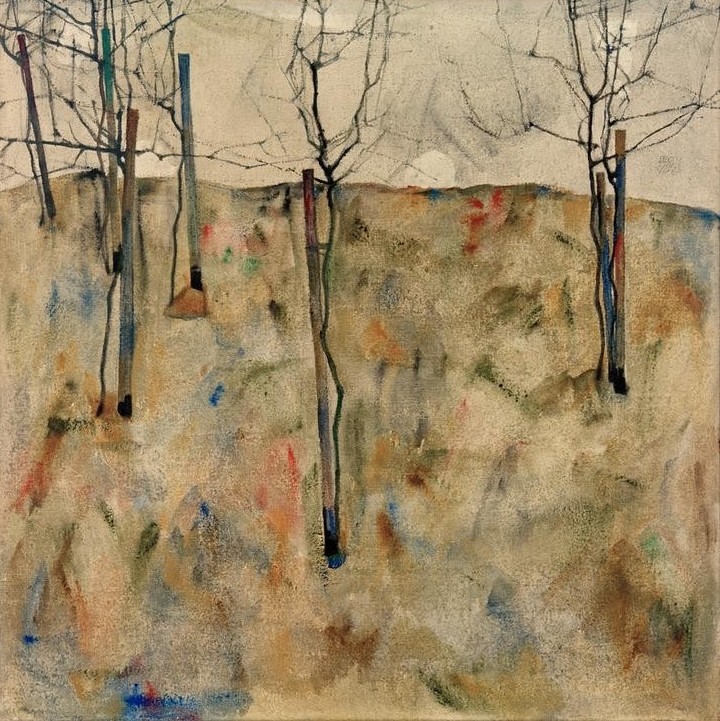 Egon Schiele, Kahle Bäume (Kunst,Landschaft,Baum,Expressionismus,Österreichische Kunst,Bleistift,Setzling,Kargheit)