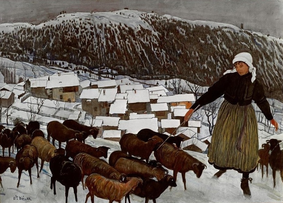 Ernest Bieler, La gardeuse de chèvres (Dorf, Landschaft, Ziegen, Ziegenhirtin, Frau, Winter, Schweiz, Berge, Wunschgröße, Jugendstil, klassische Moderne, Wunschgröße, Wohnzimmer,)