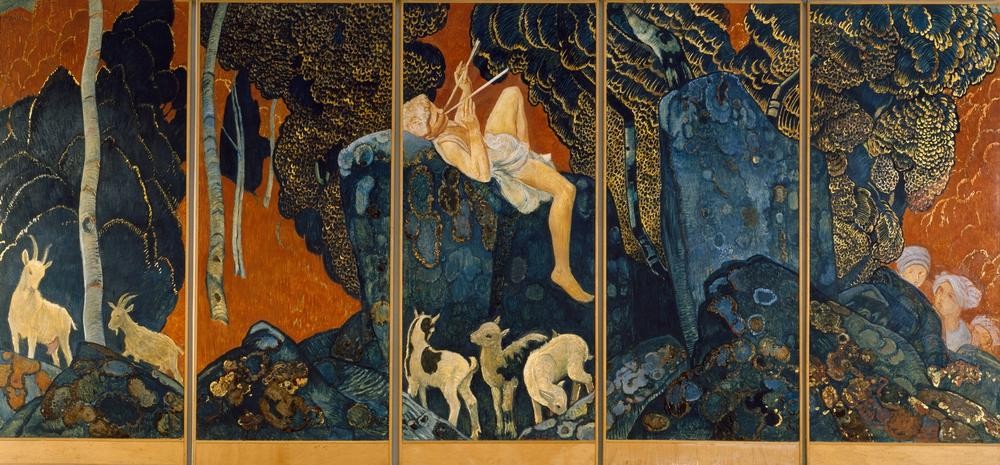 Ernest Bieler, Berger jouant de la flûte (Pan, Mythologie, Flötenspieler, Ziegenhirte, Landschaft, Wunschgröße, Jugendstil, klassische Moderne, Wunschgröße, Wohnzimmer,)