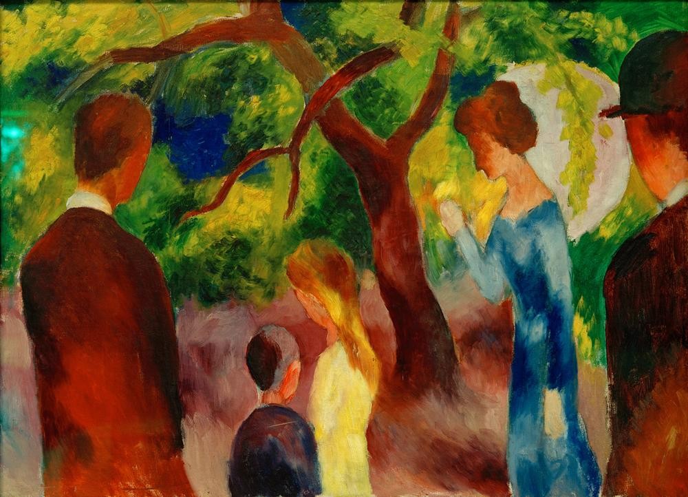 August Macke, Große Promenade: Leute im Garten (Deutsche Kunst,Eltern Mit Kind,Familie,Frau,Geschwister,Gesellschaft,Kind,Kunst,Landschaft,Mädchen,Mann,Menschen Im Park,Freizeit,Spaziergang,Vater,Expressionismus,Mutter,Der Blaue Reiter,Knabe,Eltern,Promenade,Garten)