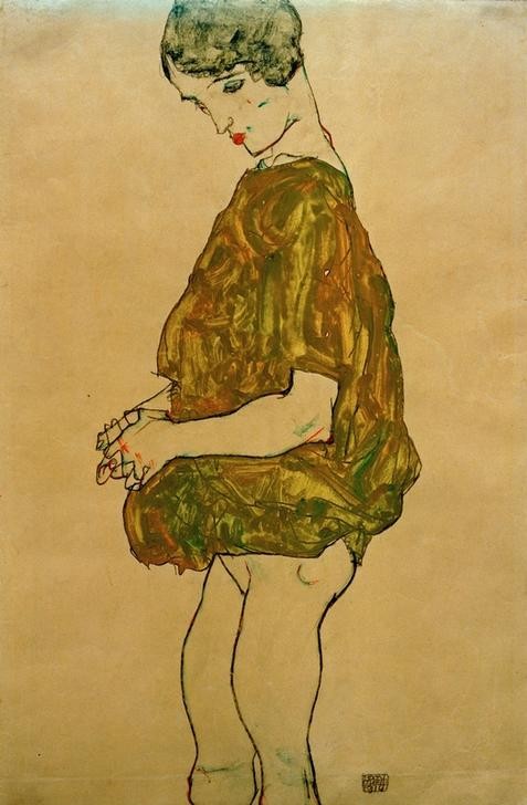 Egon Schiele, Stehende mit gefalteten Händen (Deutsche Kunst,Frau,Akt,Expressionismus,Österreichische Kunst,Halbakt,Händefalten)