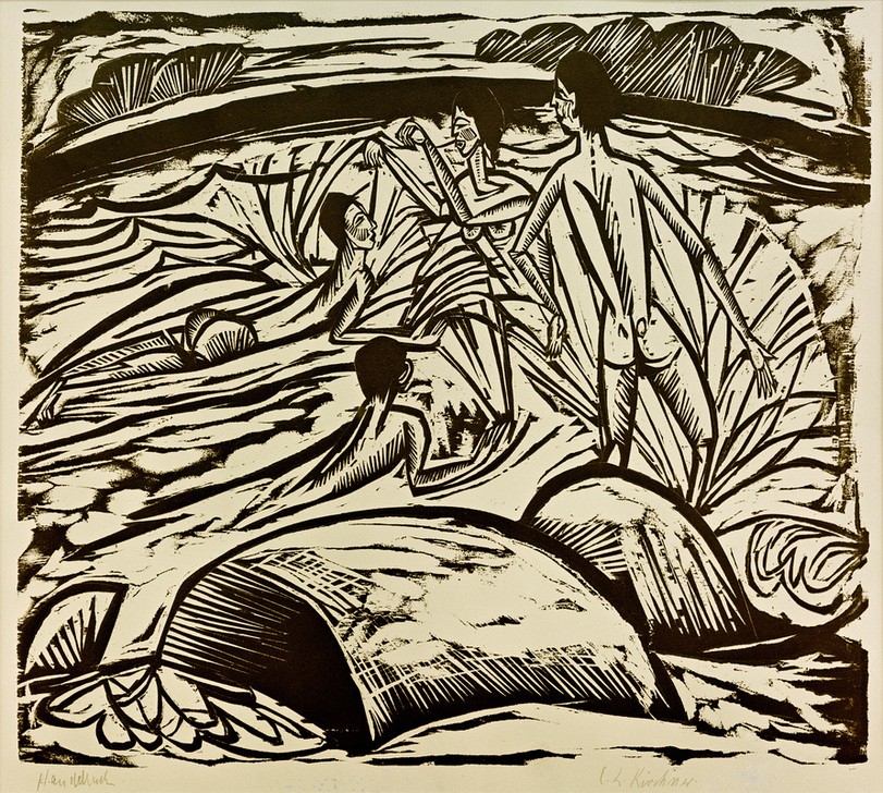 Ernst Ludwig Kirchner, Badende, sich spritzend (Bad Im Freien,Bad,Deutsche Kunst,Frau,Mann,Mensch,Freizeit,Strand,Meer,Akt,Expressionismus,Felsen,Die Brücke,Ausgelassenheit)