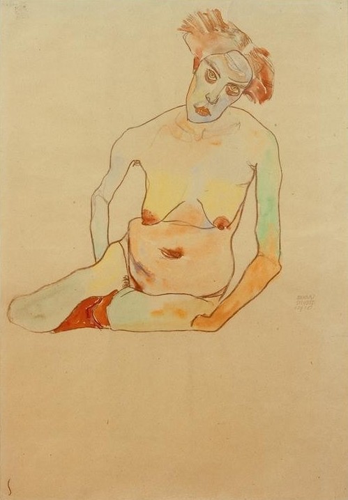Egon Schiele, Weiblicher Akt (Frau,Kunst,Akt,Österreichische Kunst,Sitzen)