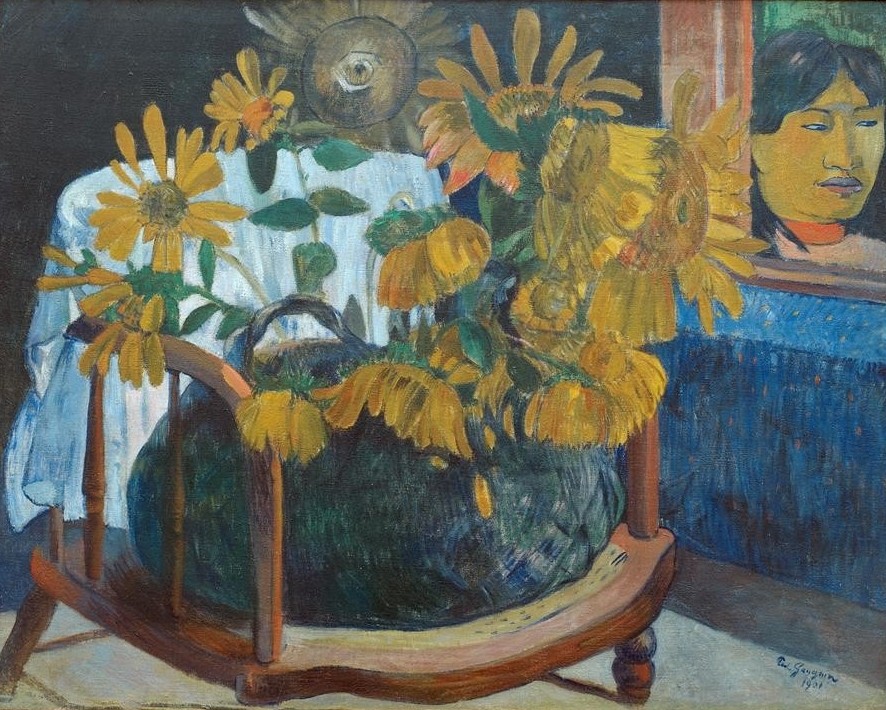 Paul Gauguin, Fleurs de tournesols dans un fauteuil II (Botanik,Sonnenblume,Bild Im Bild,Stillleben,Blumenstrauss,Französische Kunst,Sessel,Blumenkorb,Blume,Jahrhundertwende)