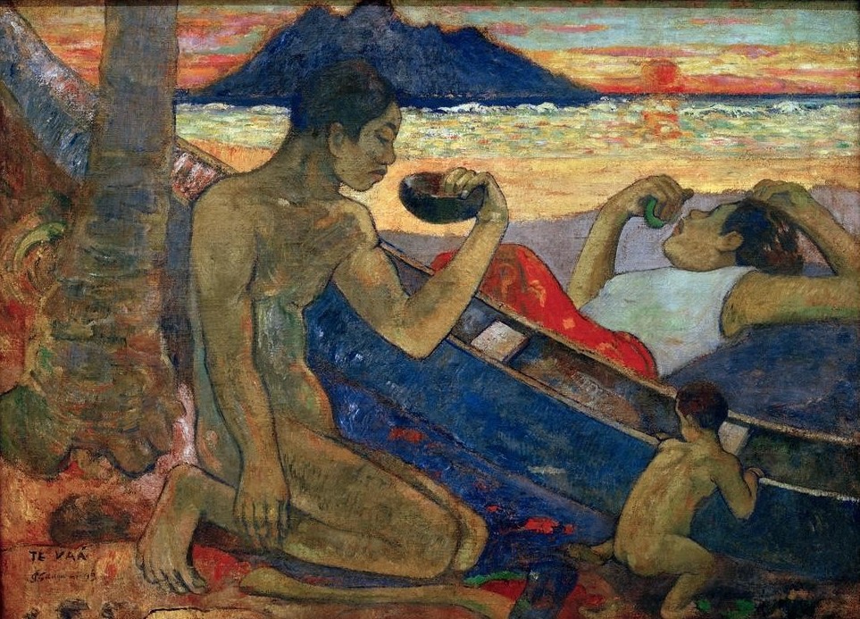 Paul Gauguin, Te Vaa (Insel,Familie,Frau,Kind,Küste,Landschaft,Mann,Völkerkunde,Akt,Französische Kunst,Harmonie,Exotik,Einbaum,Ausruhen,Jahrhundertwende,Ureinwohner,Ureinwohnerin,Einkindfamilie,Land Und Leute)