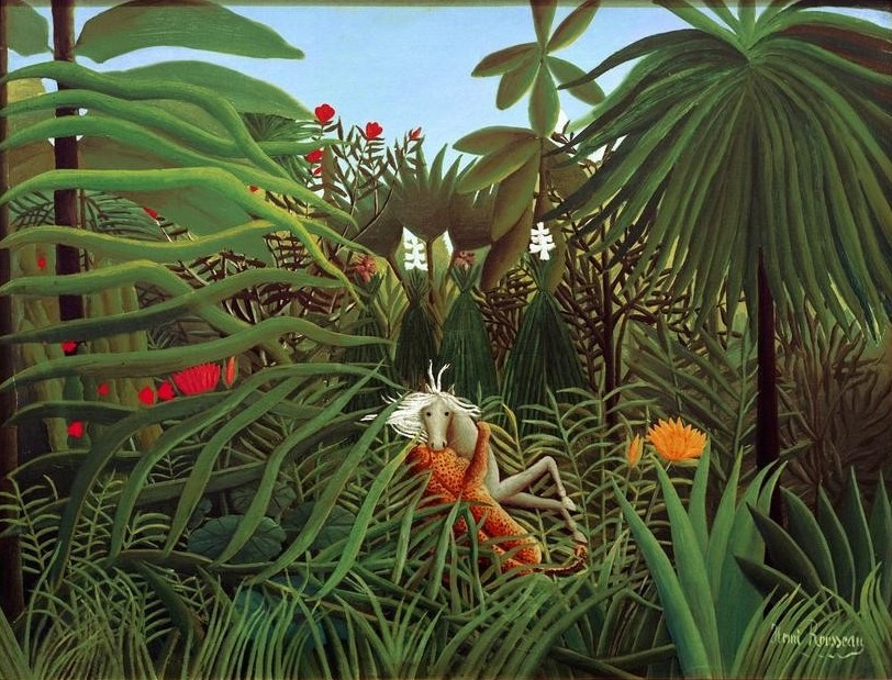 Henri Rousseau, Cheval attaqué par un jaguar (Dschungel, Bäume, Jaguar, Raubkatze, Pferd, Jagd, Kampf, Beute, magischer Realismus, Wunschgröße, Wohnzimmer, Treppenhaus, Malerei, klassische Moderne, bunt)