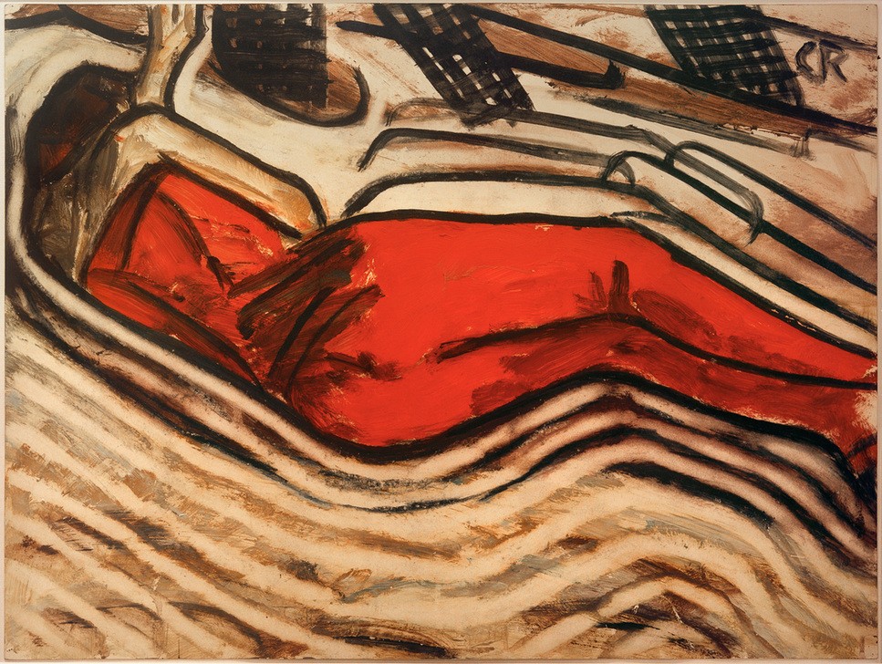 Christian Rohlfs, Schlafende in Rot (Liegender weiblicher Akt, schlafend) (Frau, schlafende Frau, Rückenansicht, Sand,  Expressionismus, Rote Kleidung, Schlaf, Schlafzimmer, Wohnzimmer, Wunschgröße, klassische Moderne)