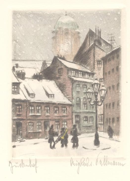 Kurt Pallmann, Jüdenhof (DEUTSCHE KUNST, GEOGRAPHIE, HAUS, JAHRESZEITEN, JUDEN, LATERNE, LICHT UND BELEUCHTUNG, MUSIK, STADT, STÄNDCHEN, STRASSENLATERNE, WINTER, WOHNHAUS (ALLGEMEIN), PLATZ, SCHNEE, STRASSENMUSIKANT, STRASSENMUSIK, ANSICHT, SCHNEEFLOCKEN, MUSIKANT, TOPOGRAPHIE, B)