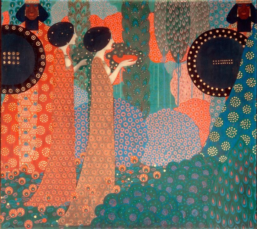 Vittorio Zecchin, Die Prinzessinnen und die Krieger (Botanik,Jugendstil,Landschaft,Literatur,Märchen,Rüstung (Schutzkleidung),Schild (Schutz),Textil,Ornamentik,Prinzessin,Italienische Kunst,Kleid,Design,Krieger,Geblümt)