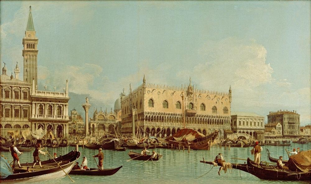 Giovanni Antonio Canaletto, Il Molo dal Bacino di San Marco (Architektur, Wunschgröße, Malerei, Venedig, Vedute, Stadtansicht, Städte, Martkuskirche, Basilika, Dogenpalast, Campanile, Wahrzeichen, Gondel, Boote, Lagune, Italien, Klassiker, Wohnzimmer, bunt)