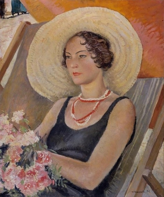 Francesco Chiappelli, Fanciulla al sole (Frau,Kunst,Mensch,Portrait,Strohhut,Halskette,Blumenstrauss,Italienische Kunst,Sonnenhut,Liegestuhl,Sitzen)