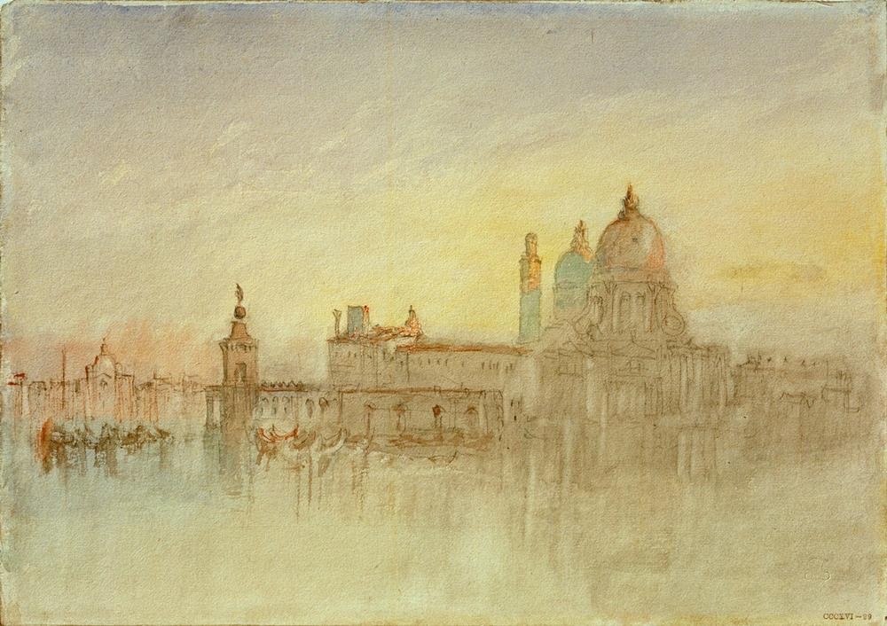 JOSEPH MALLORD WILLIAM TURNER, The Punta della Dogana, and Santa Maria della Salute at Twi (Architektur,Boot,Geographie,Kirche,Kunst,Sonnenuntergang,Stadt,Tageszeiten,Gondel,Abend,Vedute,Kuppel,Stadtansicht,Architekturdarstellung,Englische Kunst,Ansicht,Dämmerung,Romantik,Topographie,Kuppelkirche,Sakralbau,Abendrot)