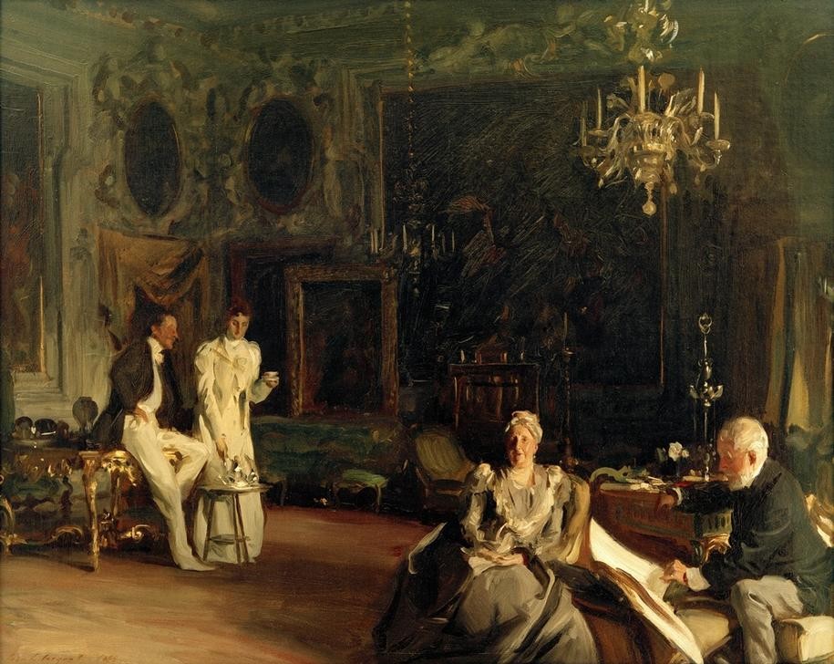 John Singer Sargent, An Interior in Venice (Ehepaar,Familie,Kunst,Nachmittagskaffee,Freizeit,Wohnzimmer,Salon,Impressionismus,Kronleuchter,Interieur,Amerikanische Kunst,Wohlstand,Jugend Und Alter,Reichtum,Us-Amerikanische Kunst,Familienleben,Fin De Siecle,Innenansicht,Jahrhundertwende,Zeitungsleser)