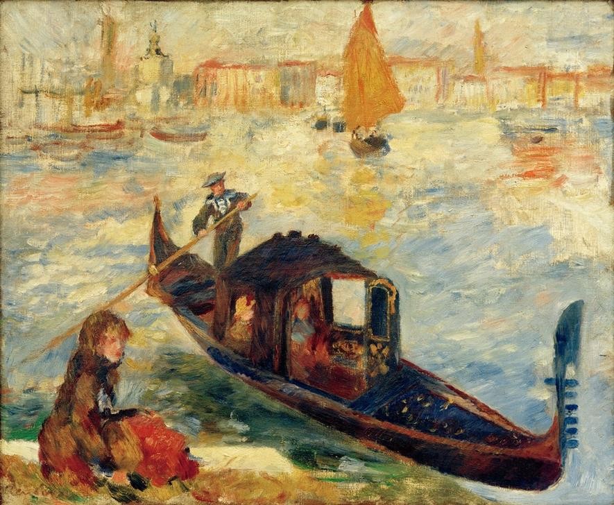 Pierre-Auguste Renoir, Le Grand Canal, Venise (Gondole) (Venedig, Gondel, Wartende, Frau, Anlegen, Lagune, Segelboote, Städte, Italien,   Impressionismus, klassische Moderne, Wunschgröße, Wohnzimmer, Malerei)