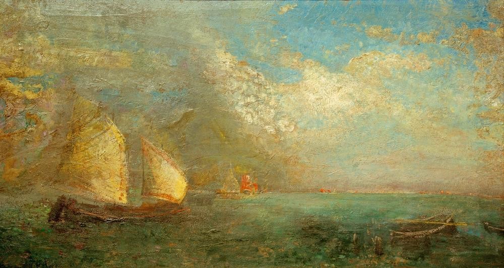 Odilon Redon, Marine, les barques sur la mer (Boot,Fischerei,Himmel (Natur),Kunst,Landschaft,Meteorologie,Schiff,Schiffstypen,Segelschiff,Wolke,Fischerboot,Meer,Segelboot,Symbolismus,Marinemalerei,Französische Kunst,Signatur,Schifffahrt)