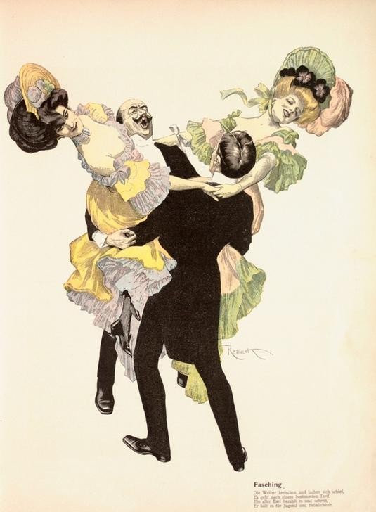 Ferdinand von Reznicek, Fasching. / (…) Ein alter Esel bezahlt es und schreit, / Er hält es für Jugend und Fröhlichkeit. (Ball (Gesellschaft),Deutsche Kunst,Feste,Gesellschaftliches Leben,Gesellschaftstanz,Jugendstil,Tanz,Bürgertum,Österreichische Kunst,Ausgelassenheit,Halbwelt,Karneval)