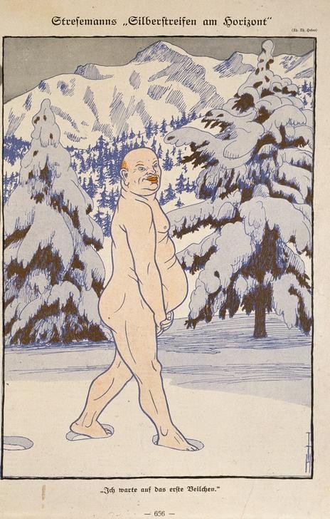 Thomas Theodor Heine, Stresemanns Silberstreifen am Horizont. / Ich warte auf das erste Veilchen (Deutsche Kunst,Geschichte,Karikatur,Kunst,Politiker,Politik,Publizistik,Reichskanzler,Weimarer Republik,Winter,Zeitschrift,Aussenminister,Dvp,Nacktheit,Person)