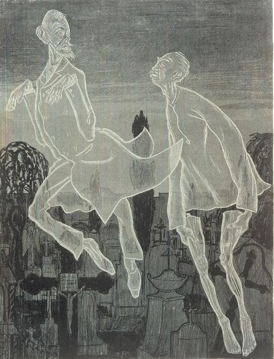 Thomas Theodor Heine, Heilkunst. / Das ist der ganze Unterschied: bei der Homöopathie stirbt man an der Krankheit, bei der Allopathie an der Kur. (Geister, Vertorbene, Friedhof, Gespenster, Homöopathie, Allopathie, Todesursache, Nostalgie, Karikatur, Klassiker, Treppenhaus, Wunschgröße, schwarz/weiß)