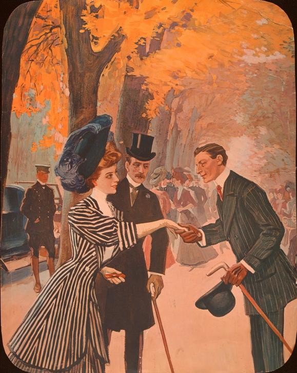 Ferdinand von Reznicek, Die Begrüßung (Benehmen,Damenmode,Deutsche Kunst,Gesellschaftliches Leben,Handkuss,Menschen Im Park,Mode,Park,Spaziergang,Hut,Begrüssung,Österreichische Kunst,Kleid,Höflichkeit,Galanterie,Begegnung,Streifen,Promenade)