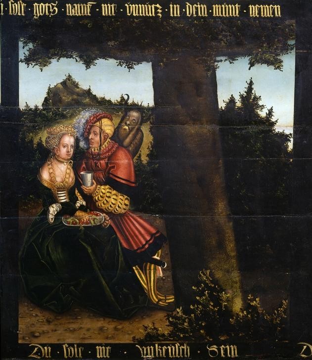 Lucas Cranach der Ältere, Das 6. Gebot: Du sollst nicht ehebrechen (Religion, Gebote, Ehebruch, Liebespaar, Bibel, Teufel, Sünde, Wollust, Unkeuschheit, Klassiker, Renaissance, Wunschgröße, Wohnzimmer)