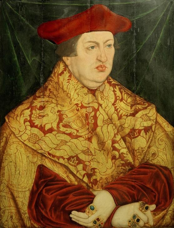 Lucas Cranach der Ältere, Albrecht von Brandenburg (Geistlicher, Christentum, Erzbischof, Kardinal, Persönlichkeiten, Katholische Kirche, Kurfürst, Eleganz, Adel, Religion, Ringe, Schmuck,  Ornat, Goldbrokat)