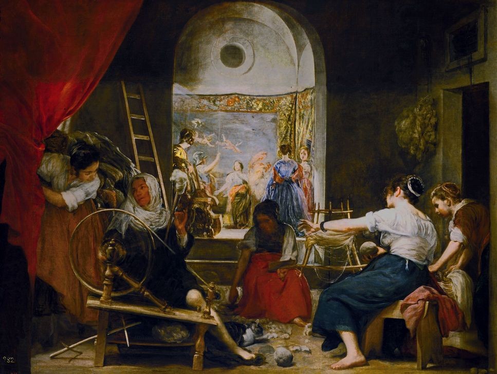 Diego Rodriguez de Silva y Velasquez, The Spinners (Katze (Tier),Bildweberin,Teppich,Textil,Barock,Leiter,Tierfabel,Wolle,Spinnrad,Arbeiterfrau,Barfuss,Arbeiterin,Spinnrocken,Arbeitsmaid,Klettergerüst,Drehleiter,Spinnerin,Mythos)